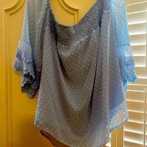 Baby blue did the shoulder blouse, light dotted material.